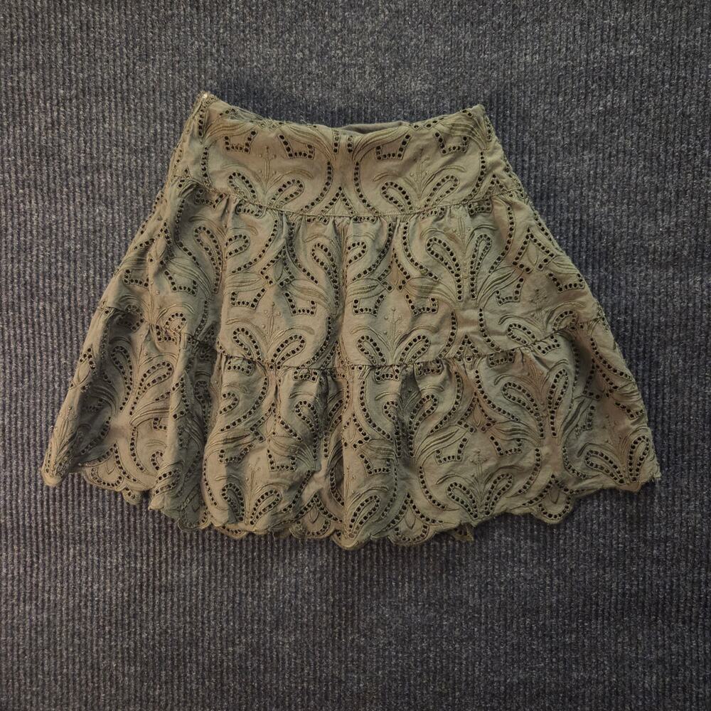 Y2k Express Olive Green Lace Eyelet Mini Skirt 100% Cotton Size 2 - Picture 2 of 7